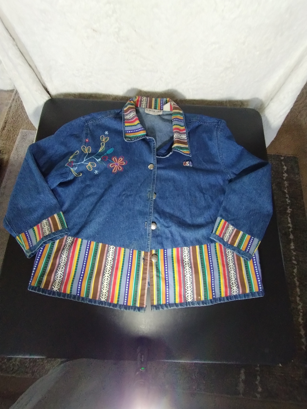 "Grandma Core" Denim Embroidered Jacket with Multicolor Trim - Women's Sz Xlw